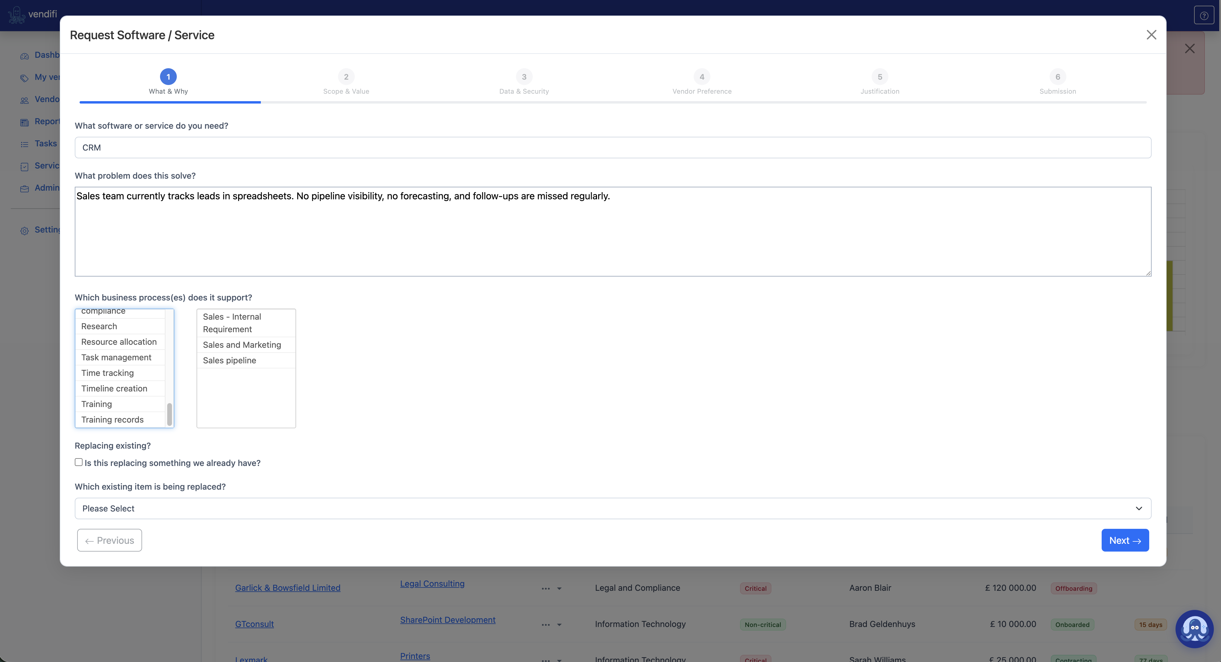 Step 2 of the service request wizard
